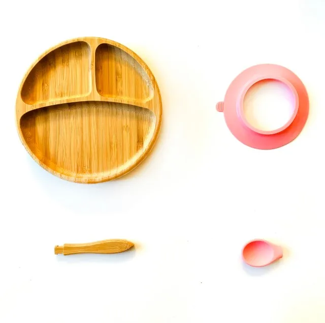Вилка детская чаша всасывания и соответствующие ложки набор, всасывания оставаться положить миску кормления, натуральный бамбук - Цвет: PinkPlate and Spoon