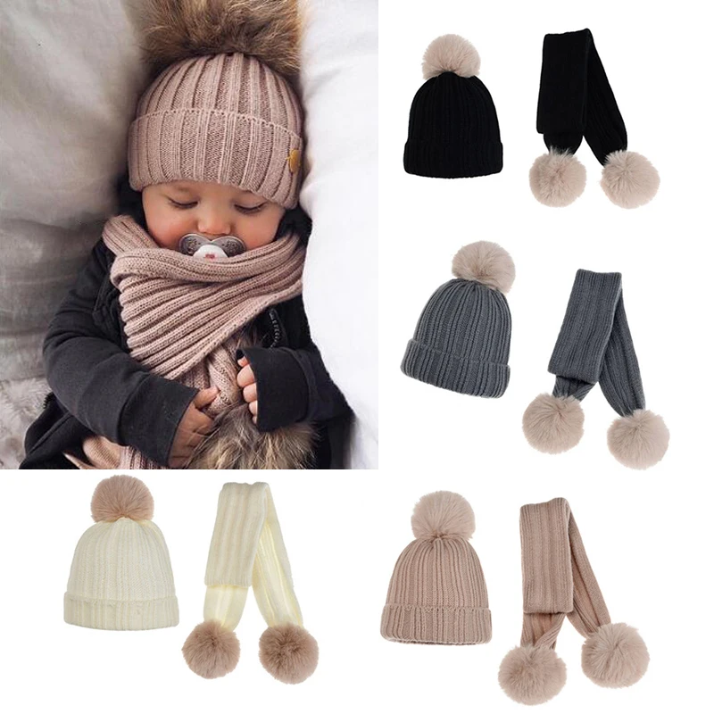 Thick Hats and Scarves Real Pom Pom Set for Mother s Girls Boys Beanie Knitted Cap