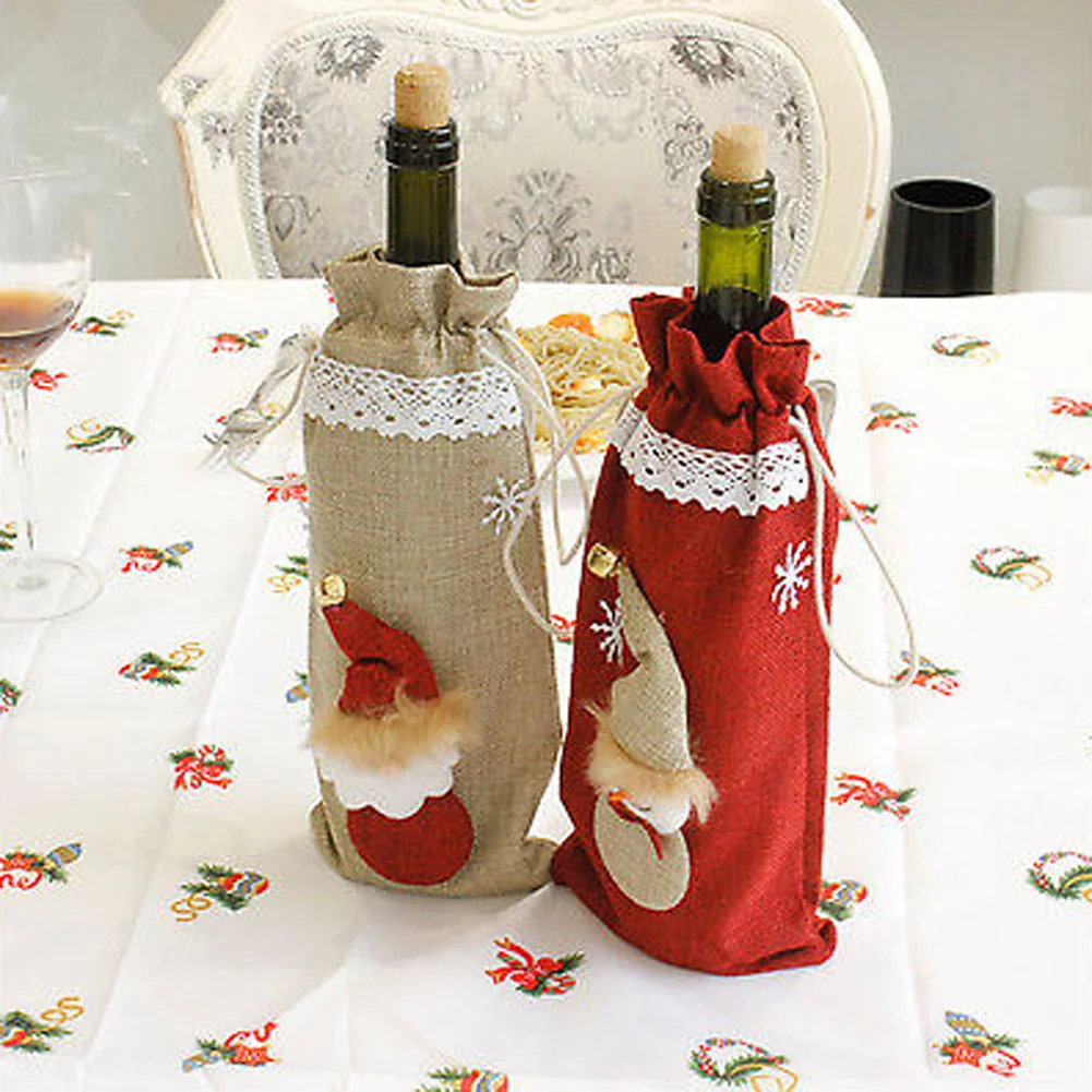 Рождественские красные чехлы для винных бутылок сумка Санта Клаус Снеговик льняные Чехлы для бутылки шампанского Рождественская вечеринка домашний декор Настольный подарок