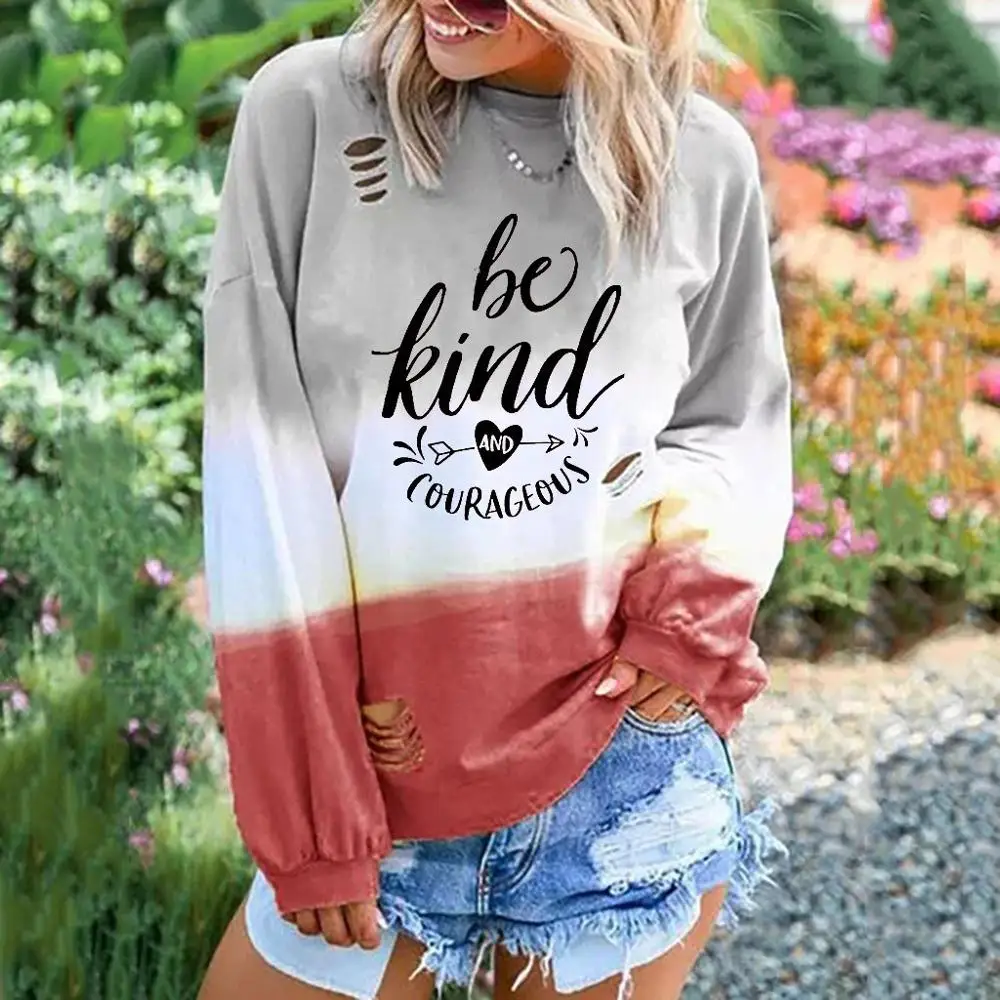

2019 New Winter Fashion Women Sweatshirt Casual Long Sleeve Letter Gradual Round Neck Pullover Top Blouse
