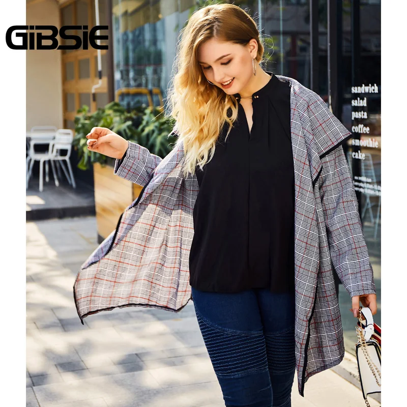 GIBSIE, новинка, весенний модный клетчатый Тренч, Женское пальто, плюс размер, v-образный вырез, длинный рукав, женское повседневное офисное пальто с поясом, верхняя одежда