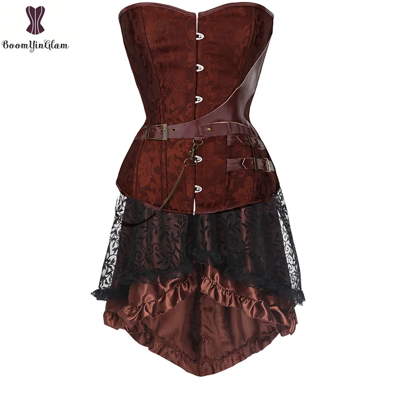907 brown with skirt Размера плюс в викторианском стиле асимметричное атласная с рюшами с кружевной отделкой Готический юбки Для женщин корсет Винтаж юбка в стиле стимпанк 937 - Цвет: 907 brown with skirt
