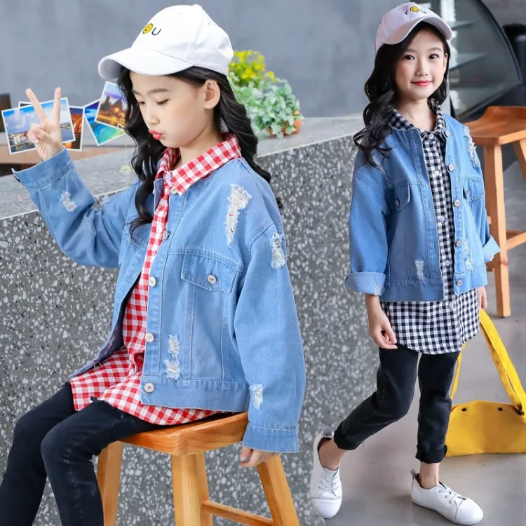 

Girls' Jean Jacket Autumn Children Fashion Children with Holes Denim Top Little Girl Casual Jacket Spring And Autumn