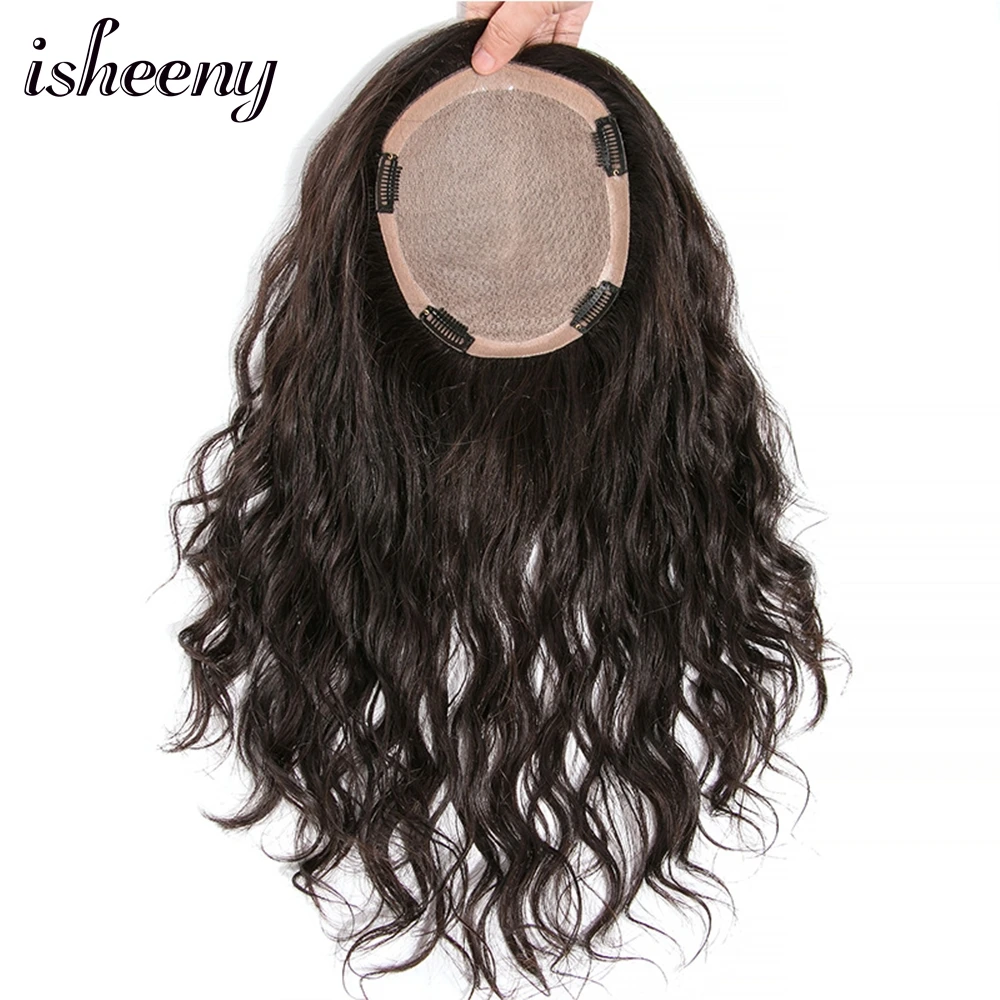 

isheeny 8"-16" Natural Wavy Human Hair Topper 14*14 cm Fine Nomo & PU Base With Clip In Women Topper Invisible Remy Hair Pieces