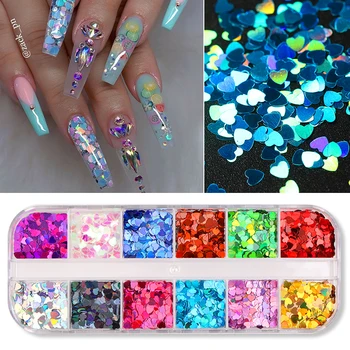 

12 grids/pc Nail Glitter Sequins Colorful Flakes Holographics Nail Sequins 3D Love Sequins Decoration Design Sticker