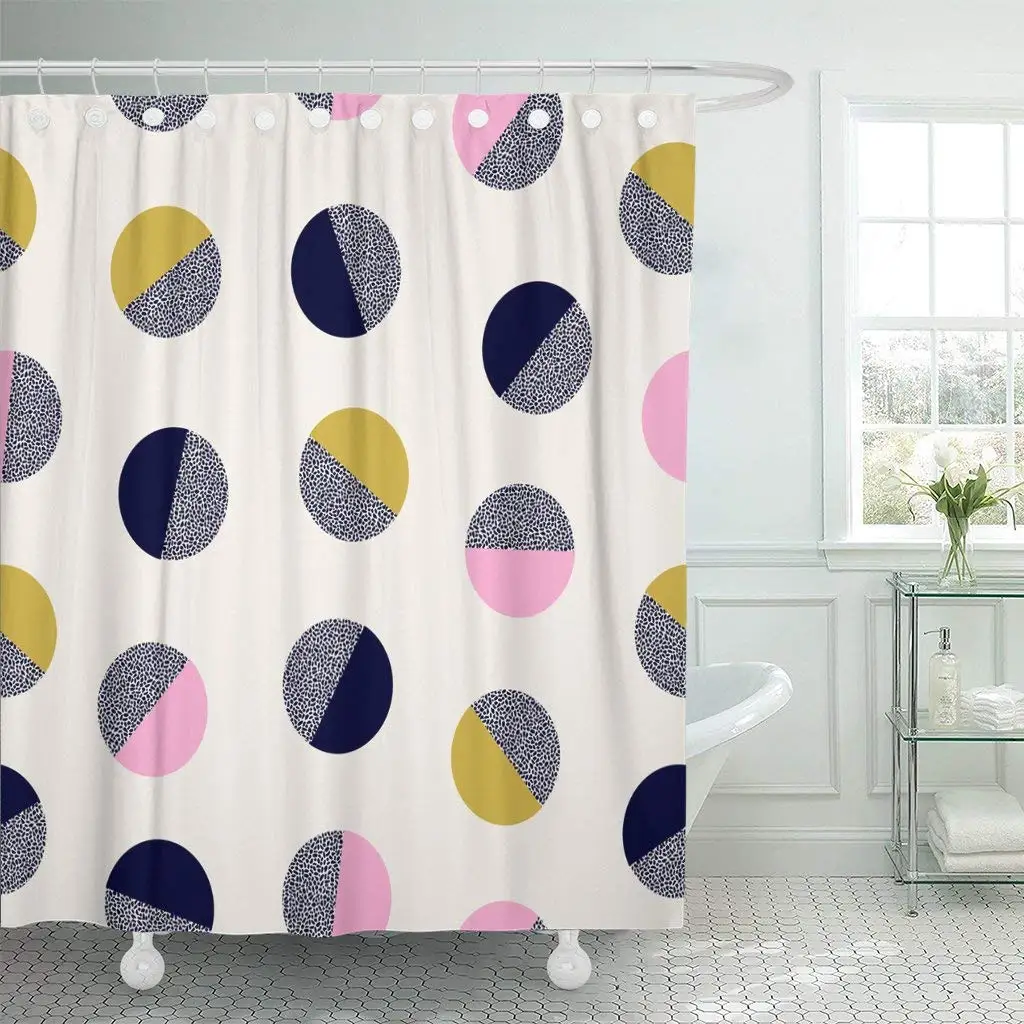 

Geometric Modern in Navy Blue Pink and Ochre on Cream Abstract Circle Shower Curtain Bathroom Sets Hooks,Mildew Resistant
