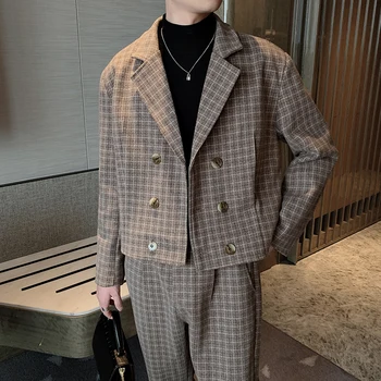 

Male Slim Fit Vintage Streetwear Plaid Wool Double Breasted Loose Casual Short Suit Blazers Jacket Pant Men 2 Pieces Suits Sets