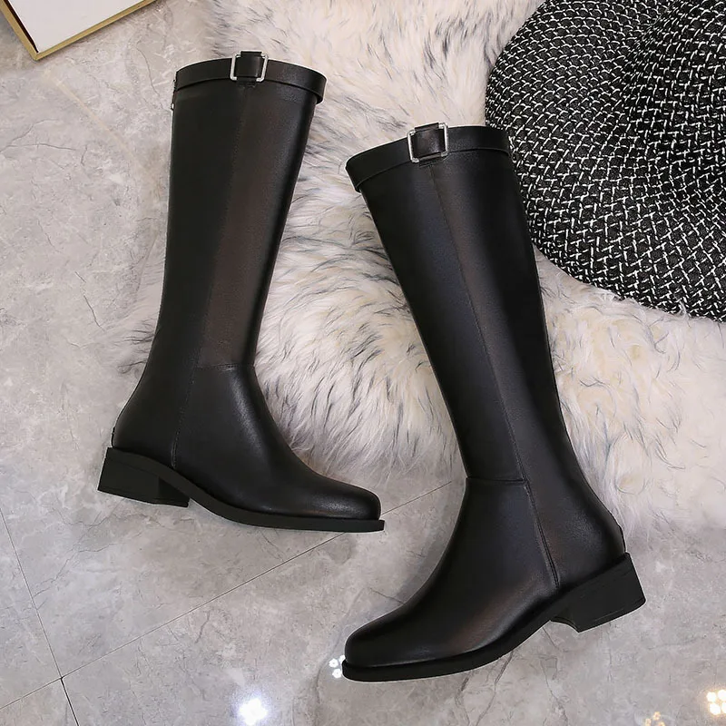 

Hose Biker Boots Women's 2019 Autumn And Winter New Style Black And White with Pattern Leather Boot Chunky-Heel round-Toe High-h