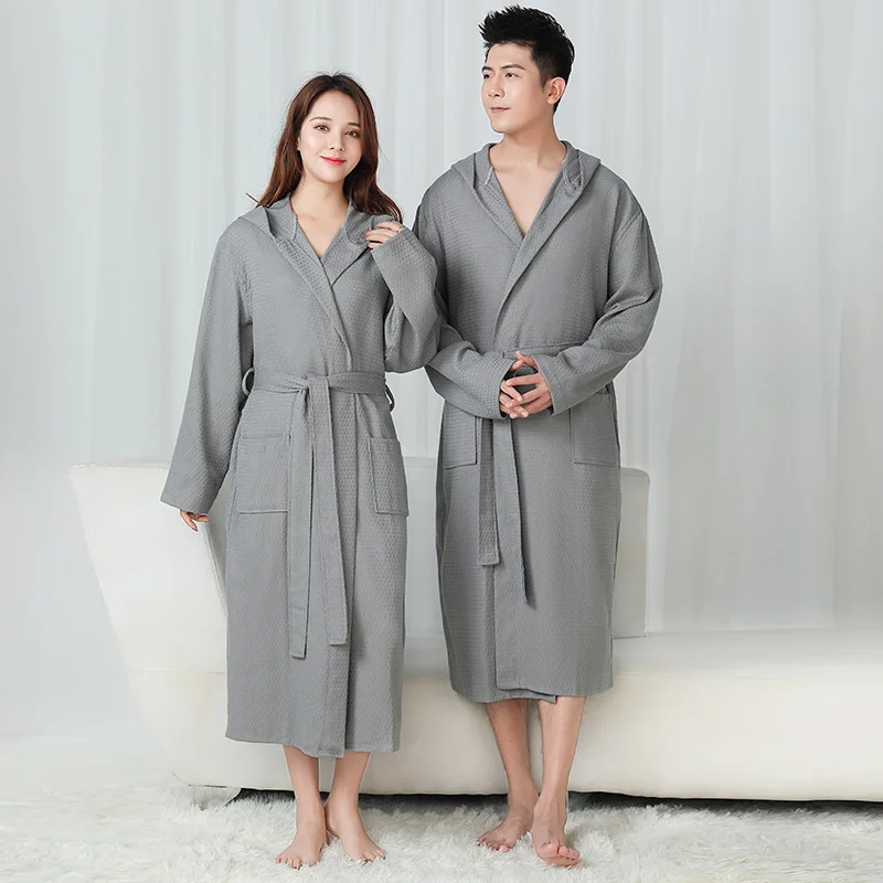 100% Cotton Waffle Bathrobes Hooded Couple Bathrobes Hotel White Nightgown Novelty Spring Autumn Nighties-price only one robe.