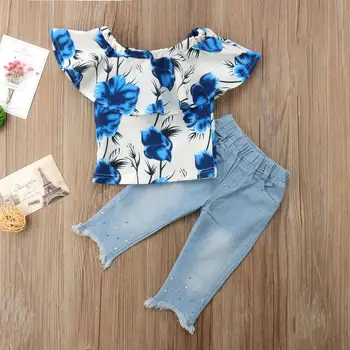 

2019 Autumn Clothes Toddler Kids Baby Girl Clothes Floral Tops T-shirt Denim Pants Trouser Jeans Clothes Set 2pcs 1-5T