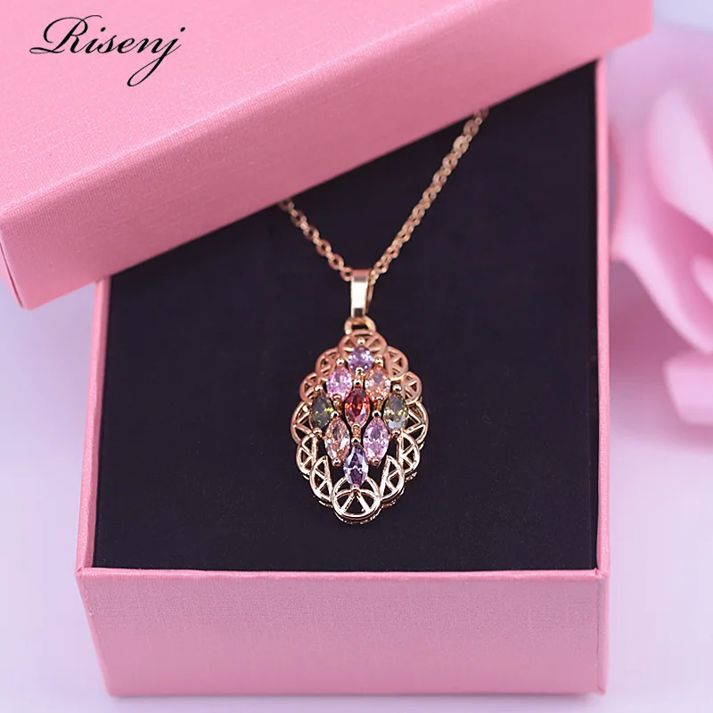 Marquise Top Zircon Colorful Crystal 18K Gold Jewelry Set For Women Stud Earrings Necklace Set Free Shipping