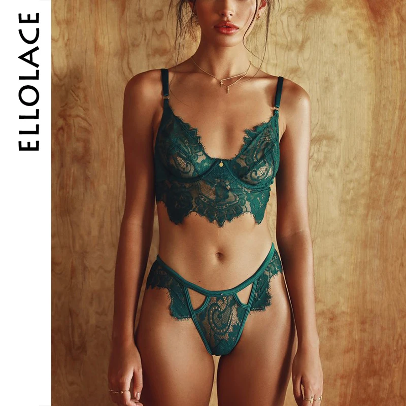 

Ellolace Lace Underwear Women Set Lingerie 2 Piece Set Wire Free Intimates Seamless Bralette Lace Brief Sets Sexy Thong Panties