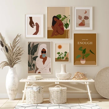 Pintura de mujer negra de Arte Africano sobre lienzo, Cuadros, carteles e impresiones de terracota escandinava, imágenes artísticas de pared bohemias para dormitorio