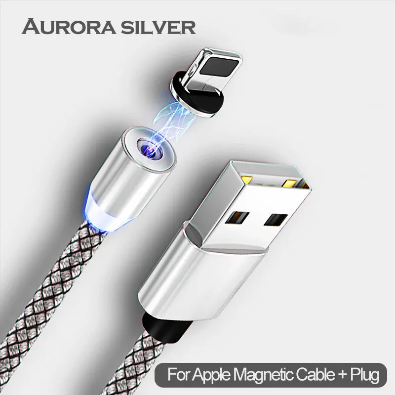 Silver For iPhone Магнитный usb-кабель для быстрой зарядки USB type C, магнитный светодиодный кабель для зарядки 1 м 2 м, кабель Micro usb для мобильного телефона, usb-кабель - Цвет: Silver For iPhone