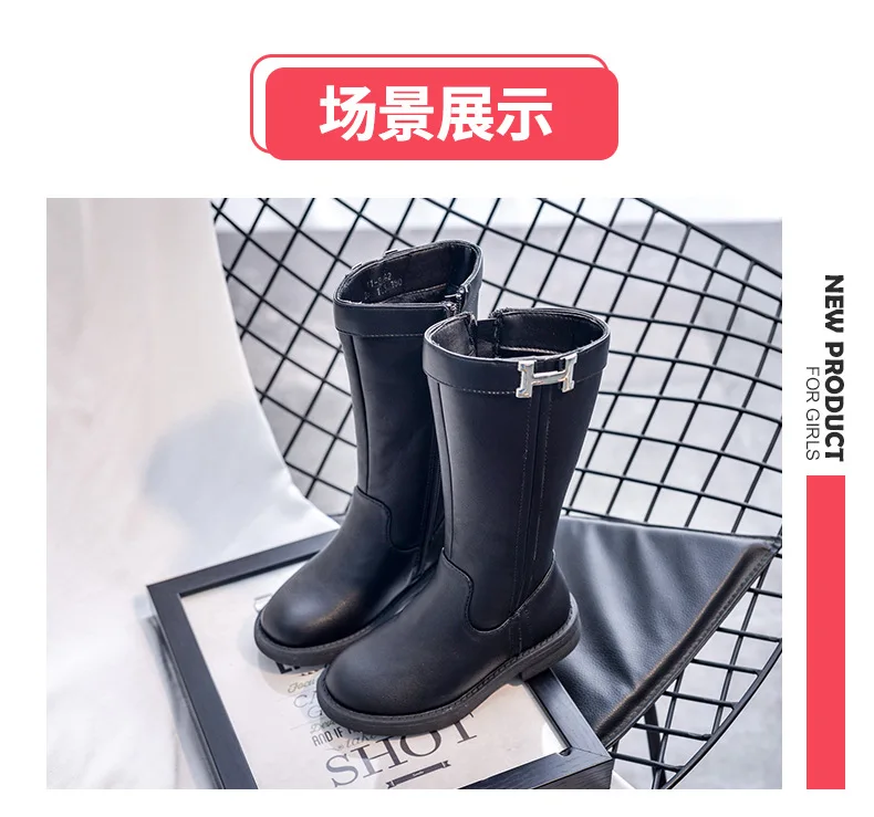 Кожаная теплая зимняя плюшевая обувь; детские зимние сапоги с боковой молнией; высокие сапоги для девочек; однотонные Сапоги выше колена; ботинки для принцессы
