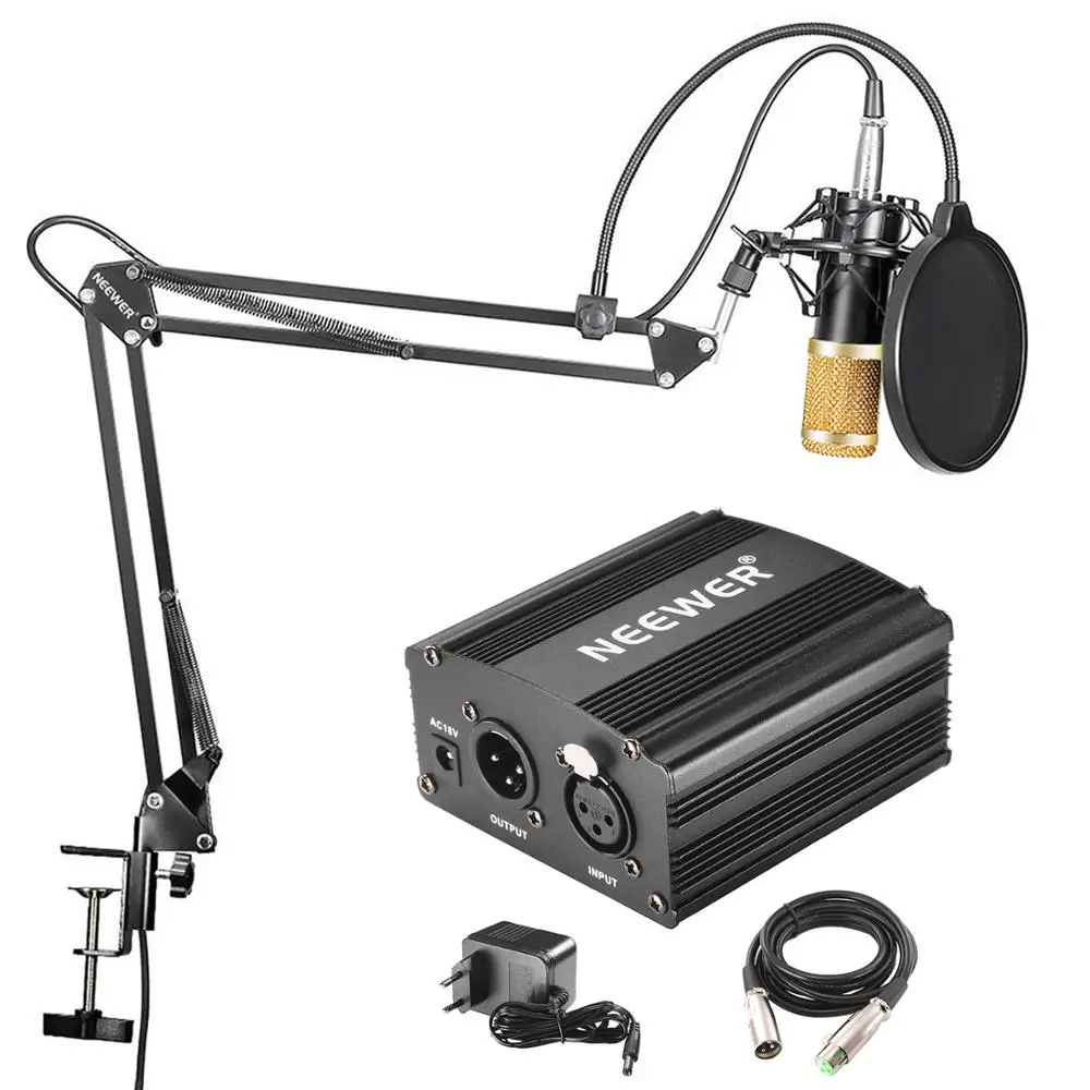 

Neewer NW-800 condenser microphone and hanging outrigger scissor arm stand and XLR cable and 48 V phantom power with adapter set