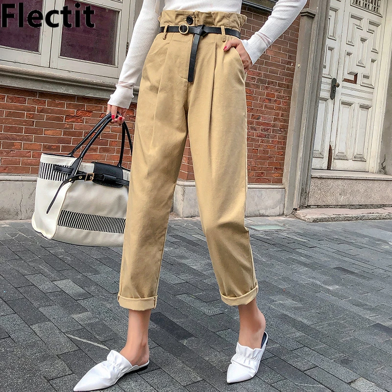 Женские брюки Flectit с поясом карманом и бумажной сумкой зауженные до щиколотки