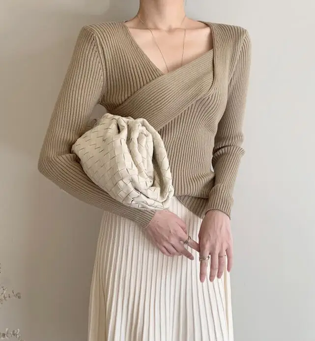 Женский осенне-зимний сексуальный свитер цвета хаки с v-образным вырезом, базовый пуловер, тонкий эластичный вязаный Топ, пуловеры с длинным рукавом, одежда для улицы
