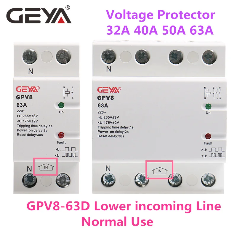 

GEYA GPV8-63D Din Rail Automatic Over Under Voltage Protector 220V AC Single Phase & Three Phase Self Resetting Protector