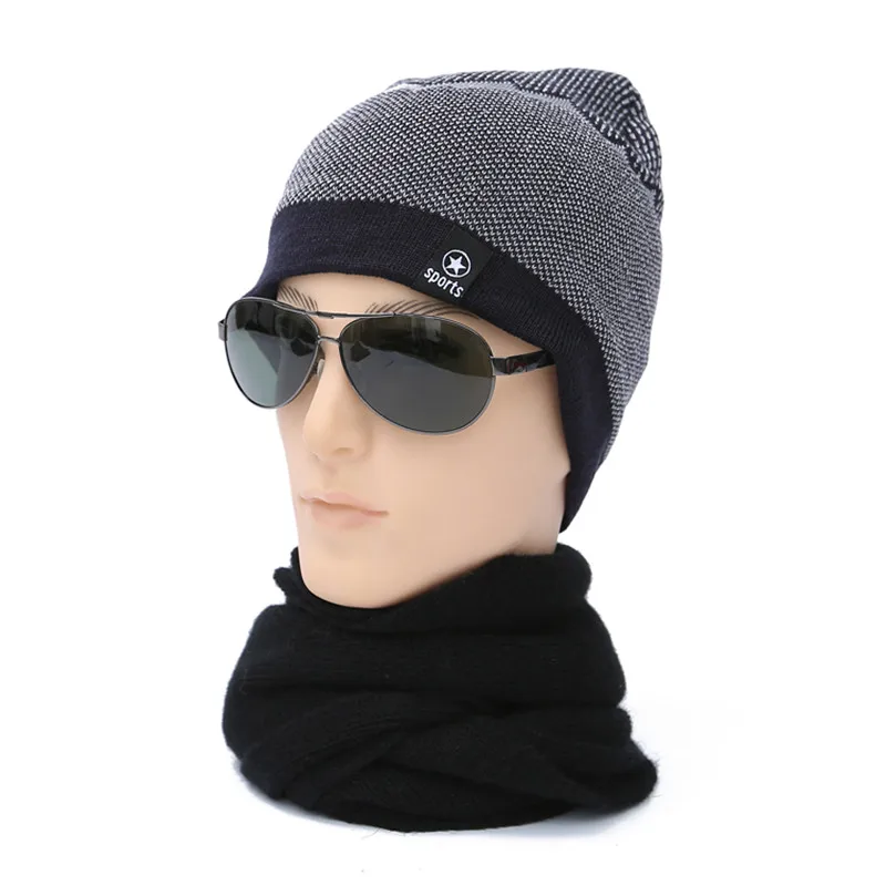 HC003-136-Dark blue Зимние Модные унисекс плюс бархатные холодные защитные вязанные шапочки Skullies& Beanies с шарфы-Снуды зимняя шапка для мужчин Лыжные шапки - Цвет: HC003-136-Dark blue