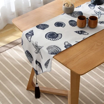 

Home Decor Banquet Cotton Linen Shells Print Cover Dining Room With Tassels Table Runner Wedding Hotel Party Modern Nordic Style