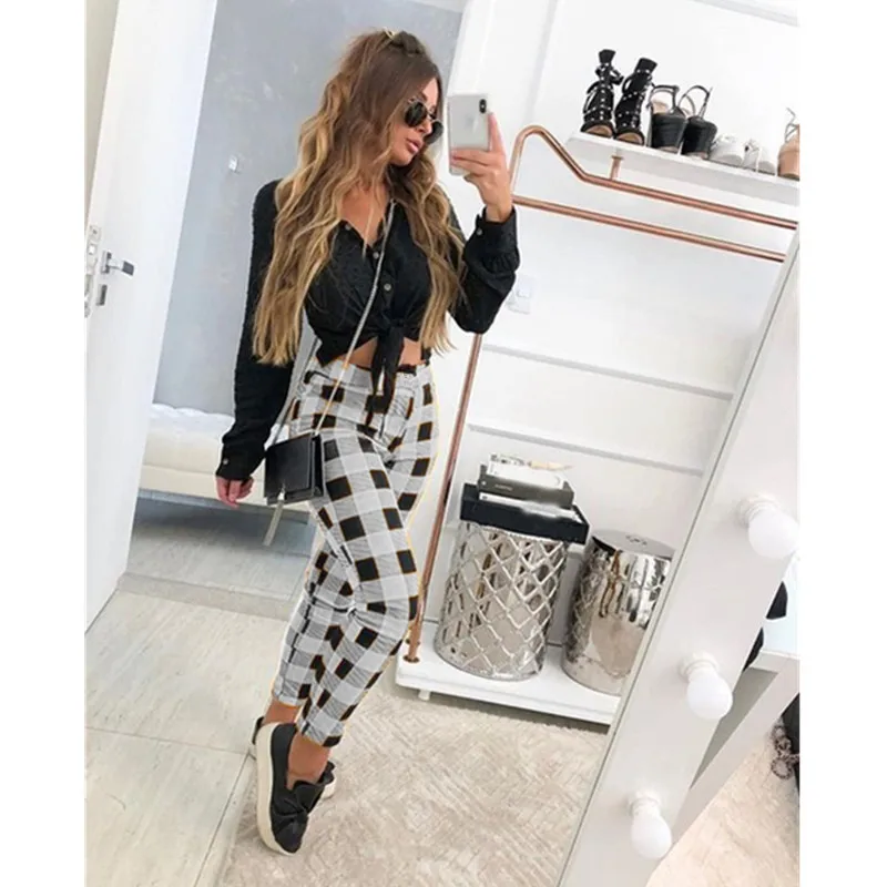 Women Casual Style Trousers Plaid Print Mid-waist Pants Drawstring Trousers Women Popular Bib Retro Pants Spring  Autumn Bottoms