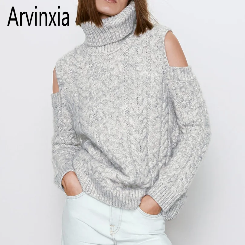 Arvinxia ZA однотонные осенние вязаные женские свитера с высоким воротником элегантный пуловер с длинными рукавами Повседневный тонкий уличная одежда женский свитер