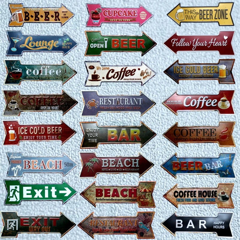Irregular Arrow Shape Tin Sign Metal Plate Indicator Coffee Tea Shop Bar Hanging Sign Indoor Wall Decor Print Painting Plaques Plaques Signs Aliexpress