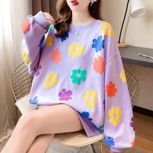 

Floral Foam Printing Sweatshirts Women Spring Autumn Thin Sweet Shirts Plus Size Pullover Round Neck Long Sleeve Top