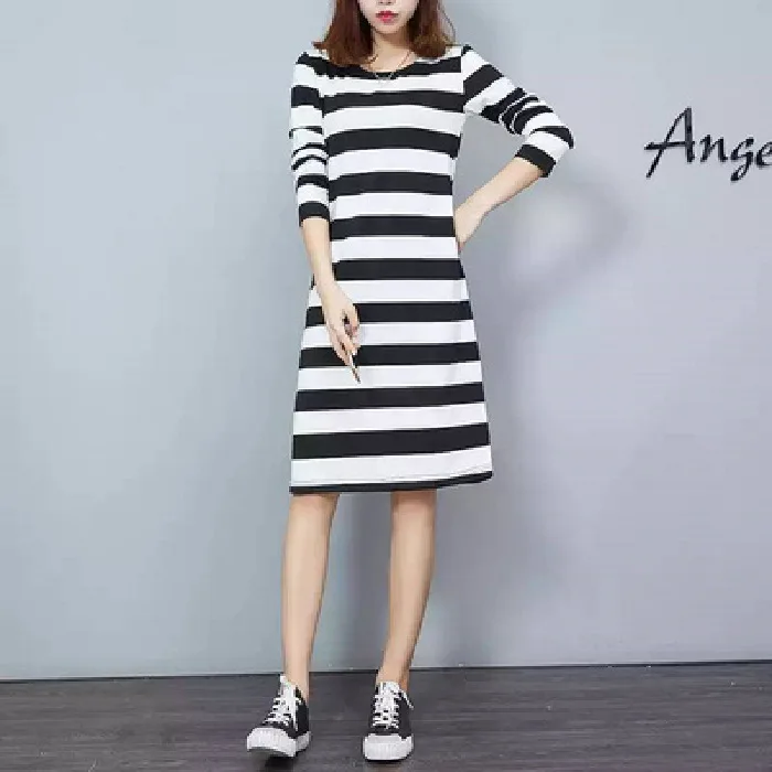 

Hot Selling Large Size Dress Striped Dress Women's Mid-length Long Sleeve Crew Neck Slimming Spring And Autumn Skirt Long Skirts