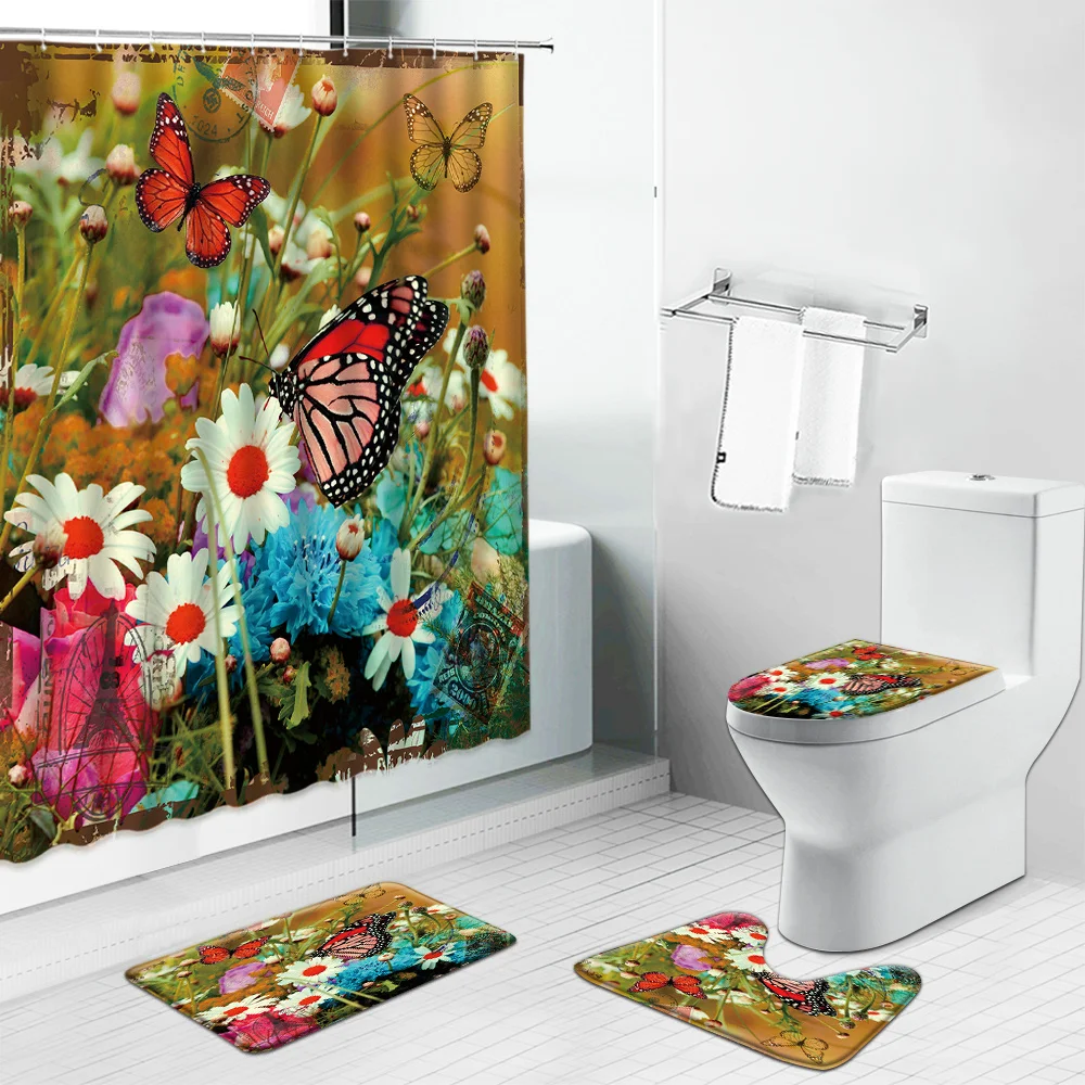 

Flower Butterfly Scenery Shower Curtain Sunflower Tulip Floral Plant Landscape Toilet Cover Rug Carpet Non-slip Kitchen Bath Mat