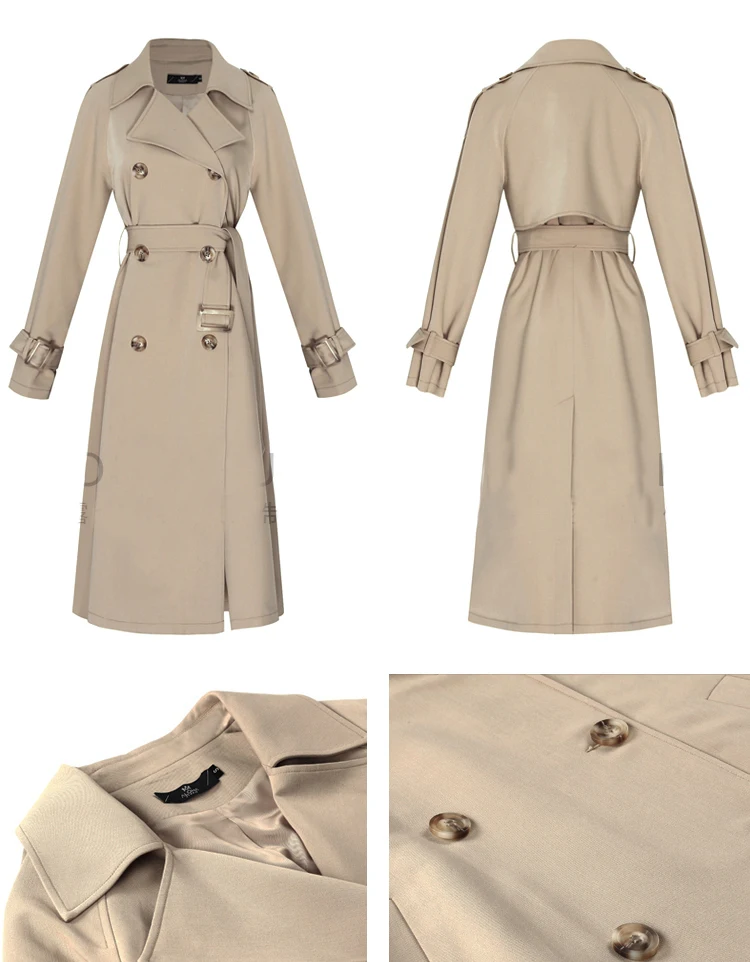 Винтажный двубортный женский длинный Тренч элегантное женское пальто с отложным воротником и поясом, осенне-зимние женские пальто цвета хаки