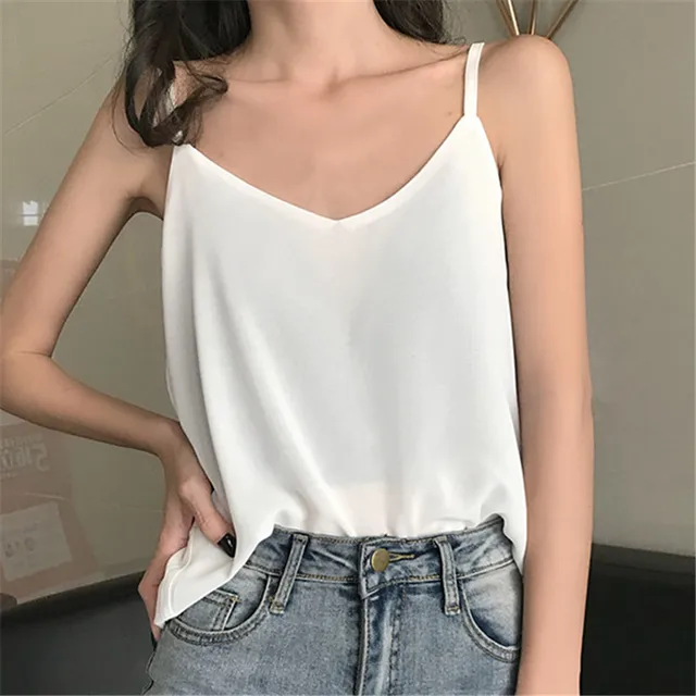 Korean Fashion Chiffon Women Tops Woman V-Neck Vest Blouse Top Summer Women Sleeveless Top 2022 Blouses white