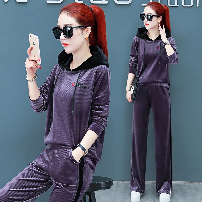 

Autumn Gold Velvet Sports WOMEN'S Suit 2019 New Style Korean-style Fashion Large Size Slimming Loose Pants Casual Two-Piece Set