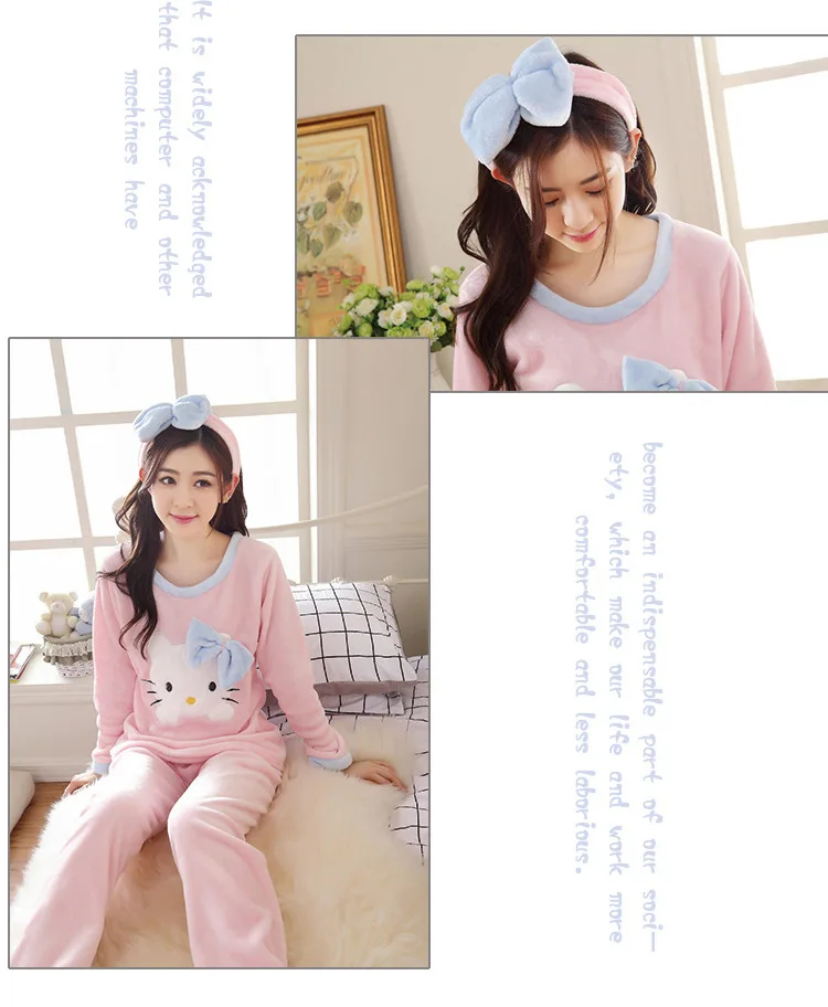 Осенне-зимние пижамы с длинными рукавами, женские коралловые бархатные фланелевые милые KT Cat Студенческие теплые комплекты домашней одежды