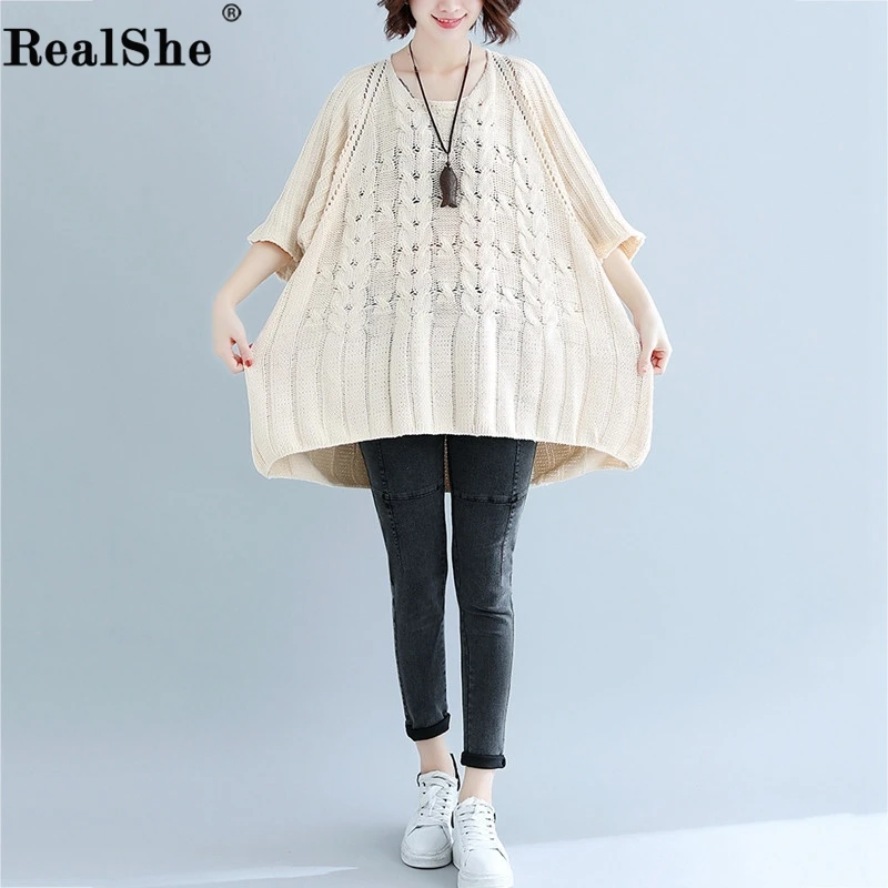 

RealShe Sweater Women 2019 O-Neck Half Sleeve Hollow Out Solid LooseTops Sweaters for Women Spring Autumn Sweater Woman Pullover