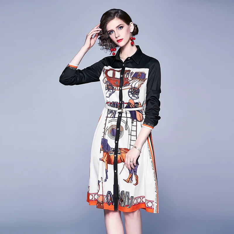 

2019 Spring And Autumn Europe And America WOMEN'S Dress-Style Printed Elegant Fold-down Collar Long Sleeve Mid-length Slimming D
