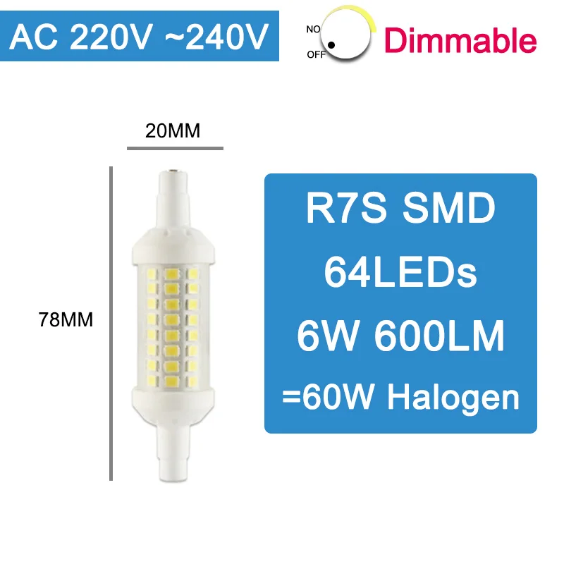 R7S затемнения светодиодные лампы COB Светодиодный стеклянный светильник точечного света Светодиодная лампа 78 мм 6 Вт 118 мм 15 Вт заменить галогенные лампы AC 110V 220V 50W 100W прожектор светильник Точечный светильник лампа - Испускаемый цвет: SMD 78mm 220V Dim
