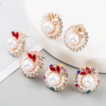 

Luxury Multi Color Rhinestone Statement Stud Earring Vintage Geometric Crystal Simulated Pearl Bridal Wedding Party Stud Earring