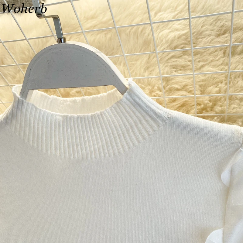 Woherb Pull Femme, тонкая водолазка с рукавами-фонариками, женский свитер из газовой Ткани в стиле пэчворк с объемным цветком, тонкий пуловер, вязаная одежда, мода 91496