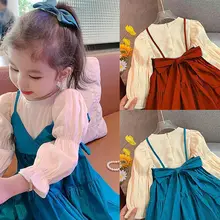 Robes d'automne pour filles, nouvelle robe de Style occidental, faux deux pièces, couture, écharpe, nouvelle collection automne 2021