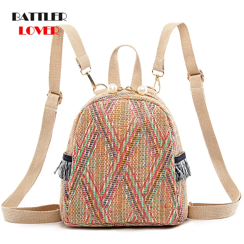 2019 Fashion Pearl Straw Backpack Women Teenager Girls Travel Shoulder Schoolbag Chic Backpack Female Small Summer Beach Bagpack