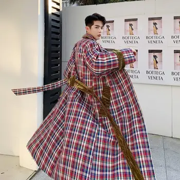

2020 New Fashion Spring Lattice High-end Men And Couple Trend Korean Version Lapel Long-sleeved Street Trench Coat