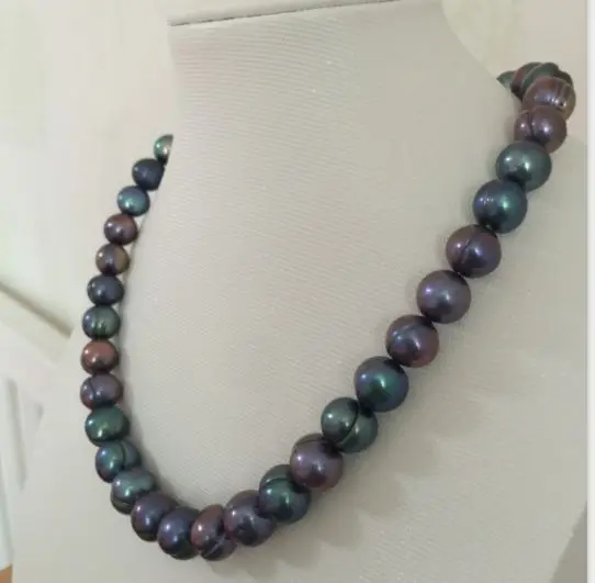 Single12-13mm таитянское барокко черный зеленый жемчуг necklace18inch 925 серебро