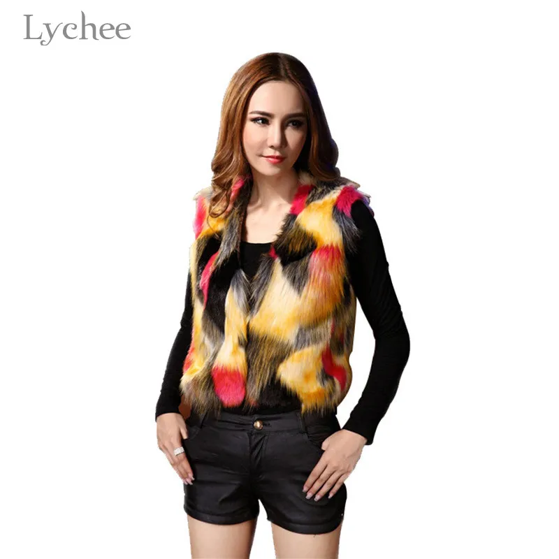 Lychee/Модный Цветной женский укороченный жилет с лисой, v-образный вырез, без рукавов, Женское пальто из искусственного меха, Женская куртка из искусственного меха