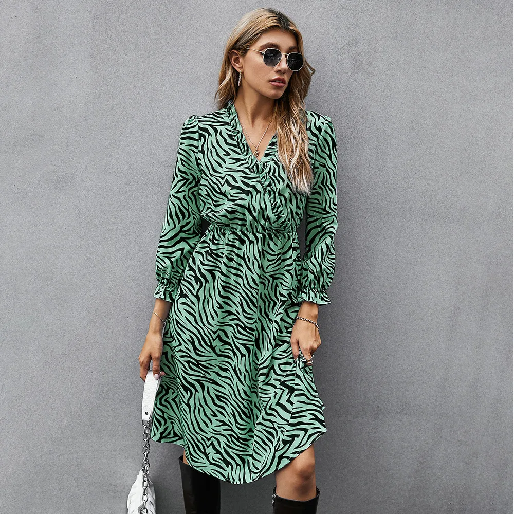 Women V Neck Long Shirt Dress Autumn Flowy Print Sleeve Loose Casual Midi Lady High Waist Office Ladies D25 | Женская одежда