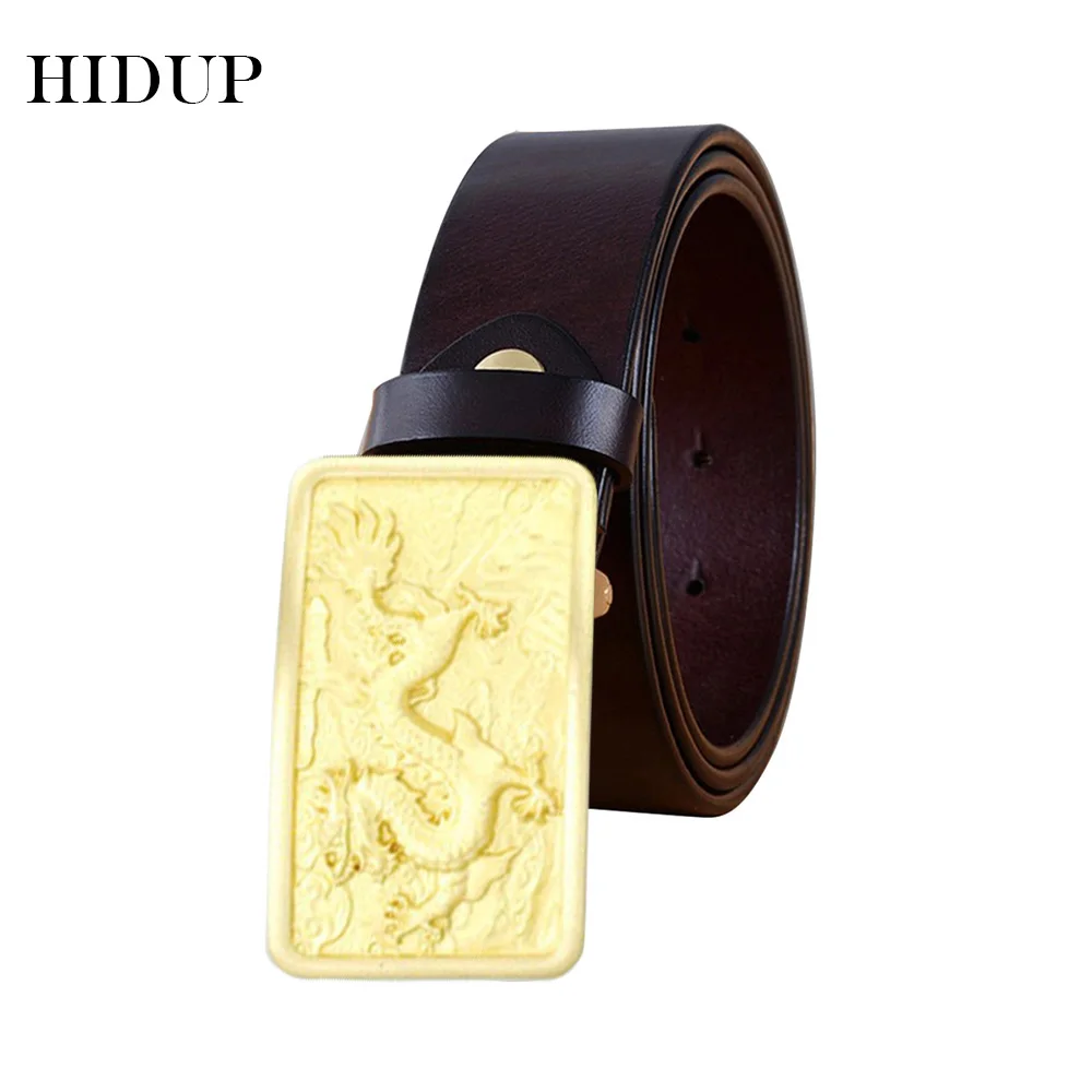 HIDUP Chinese Dragon Pattern Gold Brass Buckle Belt Men Top Quality Solid Cowhide Leather Belts Clothing Accessories NWWJ127