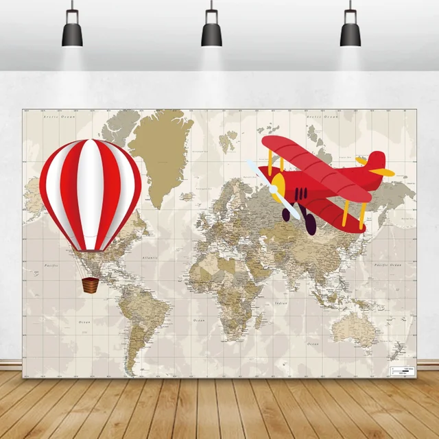 World Map Adventure Travel Theme Party Photo Background Children Birthday Hot Balloon Red Airplane Portrait Photography Backdrop