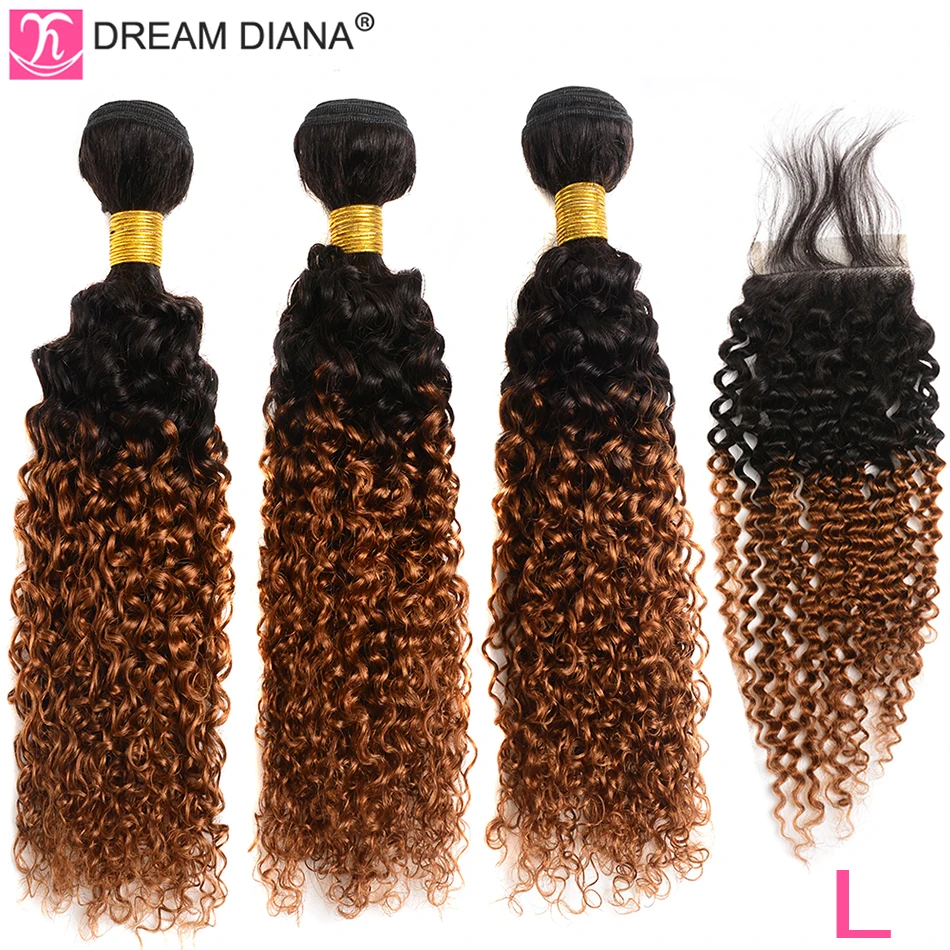 DreamDiana Омбре малазийские вьющиеся волосы с закрытием T1B 30 1"-26" L remy волосы с закрытием Омбре человеческие волосы с закрытием