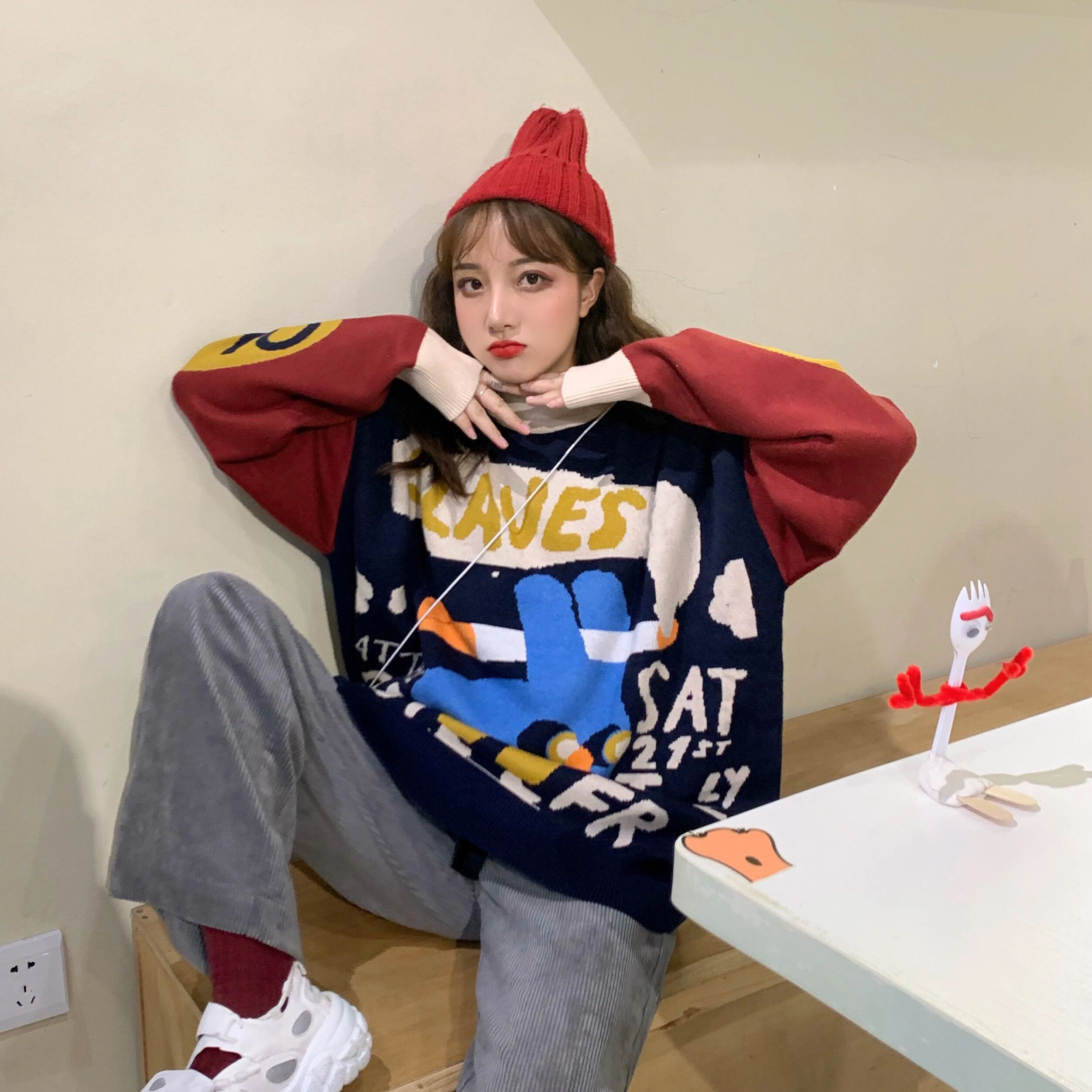 2019 Winter Students Childlike Lazy Wind Retro Japanese Long Sleeve Women Sweaters Loose Thickening Wearing Cartoon | Женская одежда